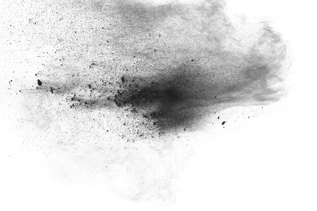 Black powder dust explosion against a white background.