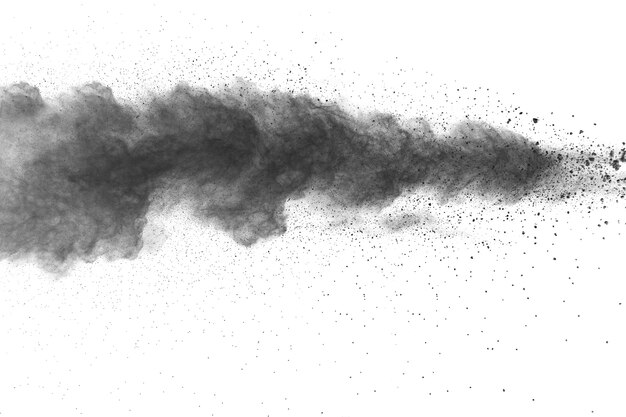 Black powder explosion against white background.