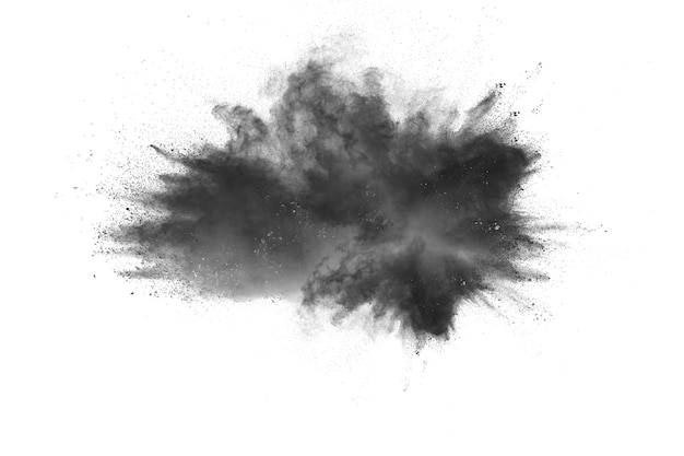 Black powder explosion against white background.