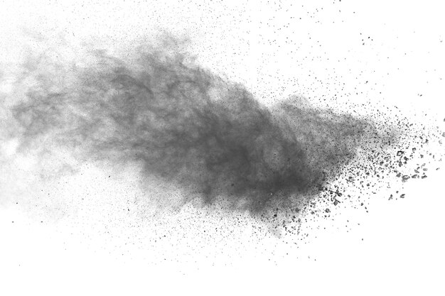 Black powder explosion against white background.