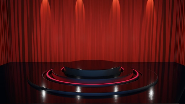 Black product background room and podium on red curtain backdrop with luxurious fabric backdrop. Premium Image.3d rendering