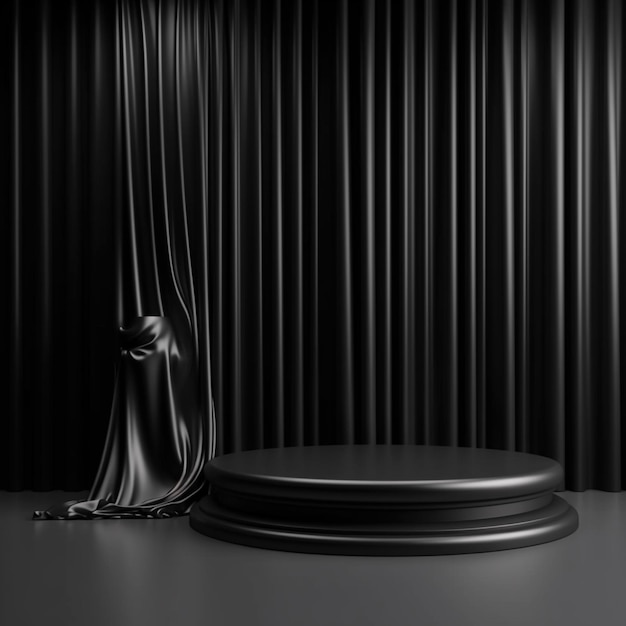 Black product background room and podium stand on dark curtain scene display with luxury fabric back