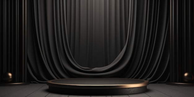 Photo black product background room and podium stand on dark curtain scene display with luxury fabric back