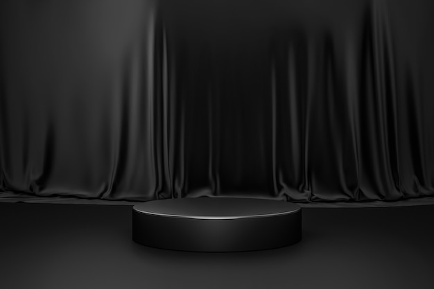 Black product background room and podium stand on dark curtain scene display with luxury fabric backdrops.