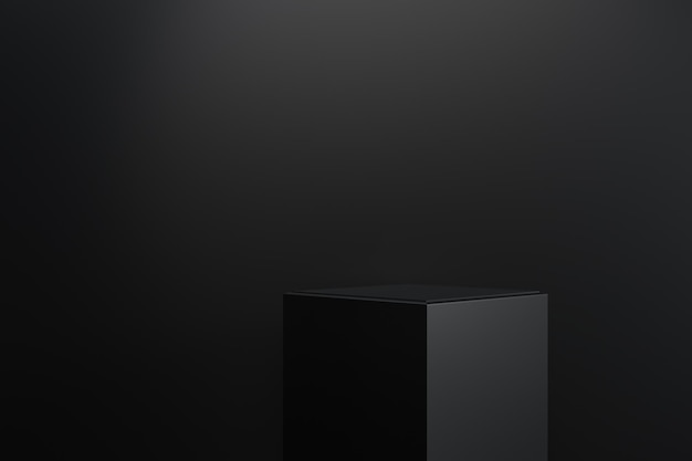 Black product background stand or podium pedestal on advertising display with blank backdrops 3D rendering