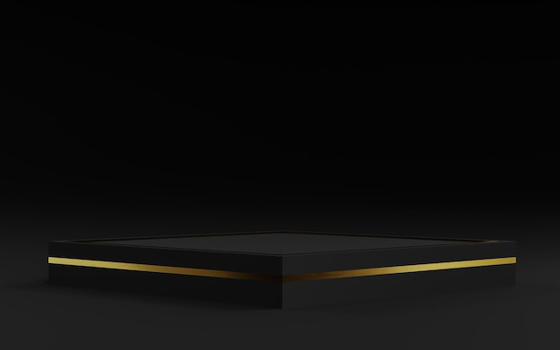 Black product background stand or podium pedestal on advertising display with blank backdrops and golden line 3D rendering