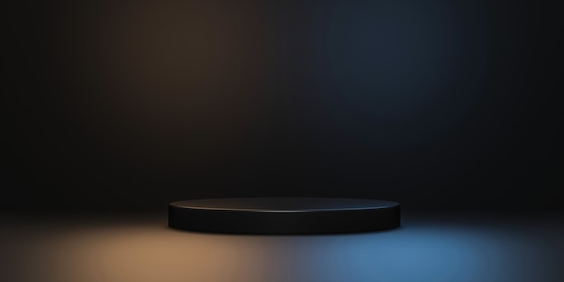 空白の背景を持つ広告ネオンライトディスプレイ上の黒い製品の背景スタンドまたは表彰台の台座。