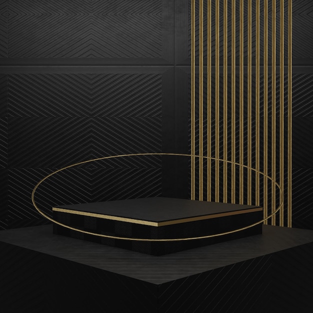 Photo black_product_podium_with_gold_stripes_black_backround