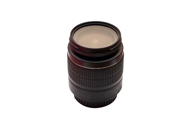 Black professional camera lens isolated on a white background