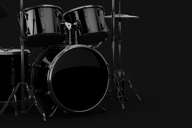 Black Professional Rock Black Drum Kit, пустой нижний большой барабан со свободным пространством для вашего дизайна на черном фоне. 3d рендеринг