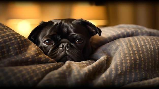 A black pug snuggling in a cozy bed AI generated