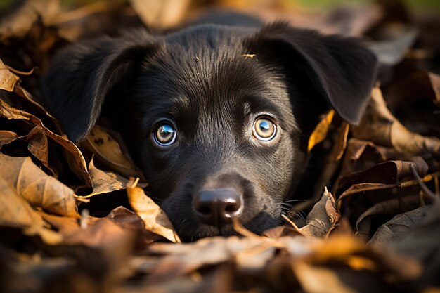 Black puppy dog in autumn forest concept of fall season Generative Ai