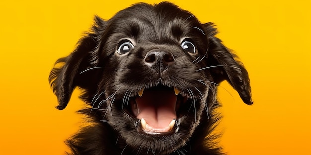 Black puppy isolated on yellow background