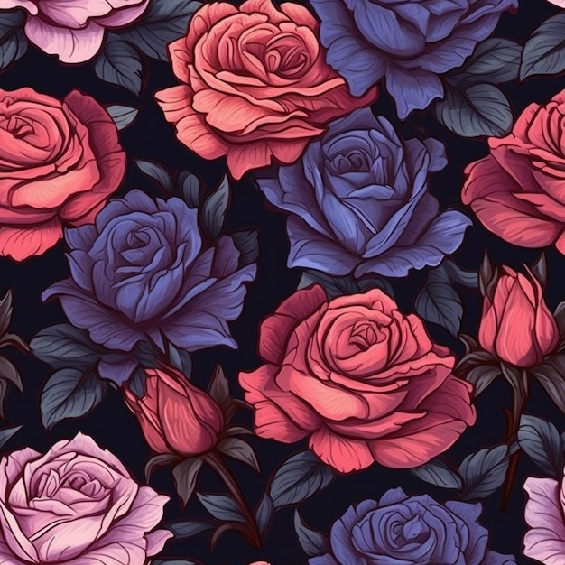 A black and purple floral pattern with roses.