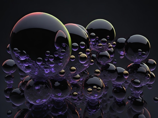 A black and purple image of glass bubbles on a reflective surface.