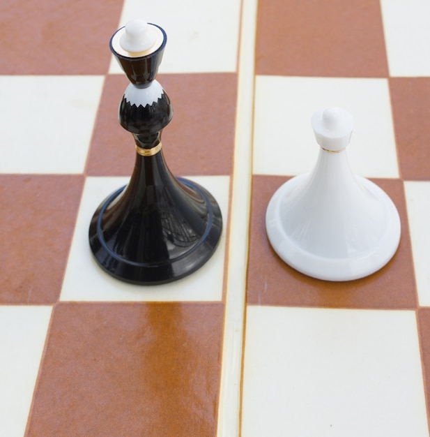 Black queen and white pawn on chessboard