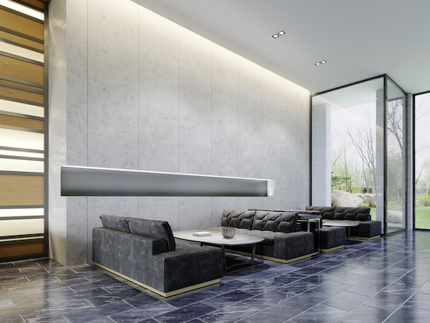 Black quilted sofas in the waiting area against a concrete wall with a niche 3D rendering