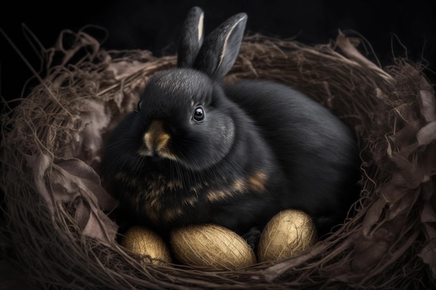 A black rabbit sits in a nest with golden eggs Easter design