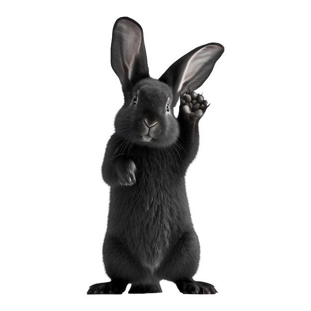 Black rabbit standing on its hind legs waving hello with its left front paw