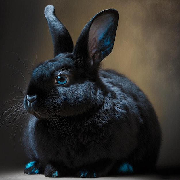 A black rabbit with blue eyes sits in a dark room.