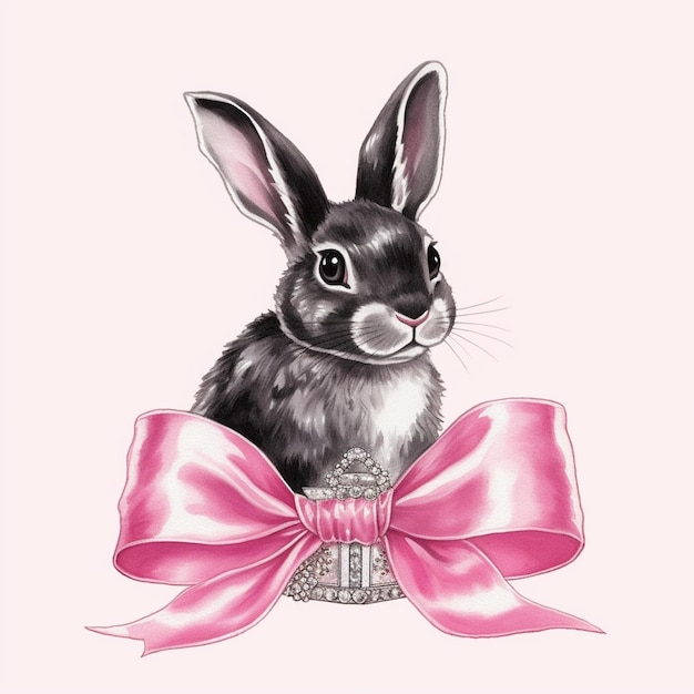 Black rabbit with a pink bow