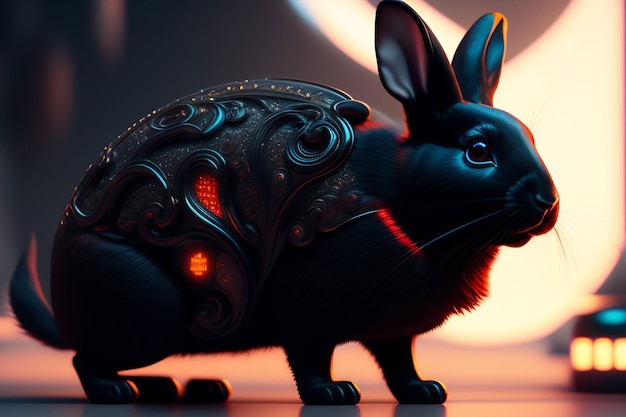 A black rabbit with a red and orange background