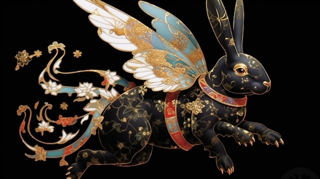 A black rabbit with ribbon flying over it in the style Generative ai