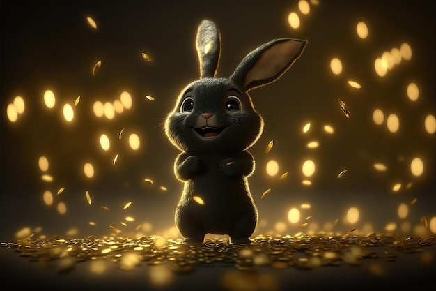 Black rabbit won the casino lottery gold coins are pouring down from above gold is everywhere The happy rabbit rejoices in victory 3d illustration