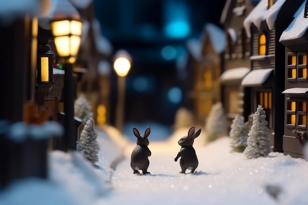Black Rabbits on Cozy Snowy Town Street at Night Generative AI