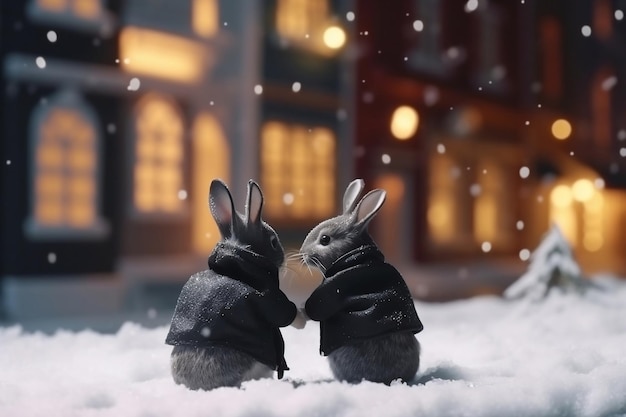 Black Rabbits on Cozy Snowy Town Street at Night Generative AI