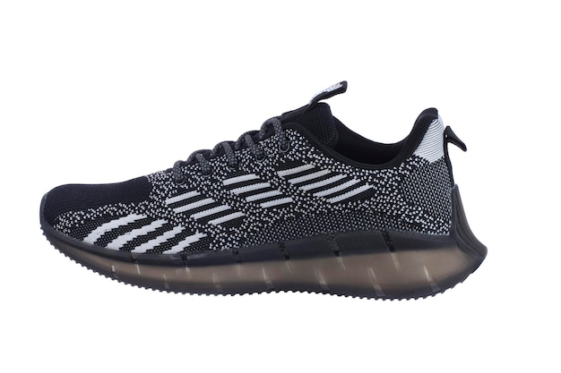 Black rag sneaker with gray stripes on a white background