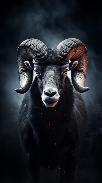 Photo a black ram with horns