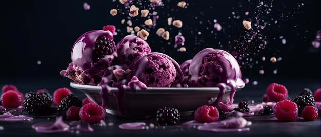 Photo black raspberry chip ice cream freezes and falls into midair with its ingredients