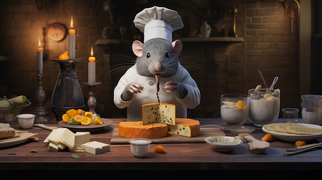 A black rat in a chef hat with a knife is cutting a big piece of cheese with holes near tea cups