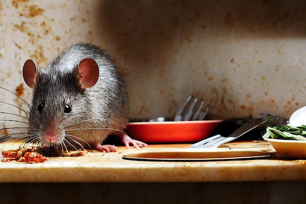 Photo black rat collects and drags rat garbage to his house