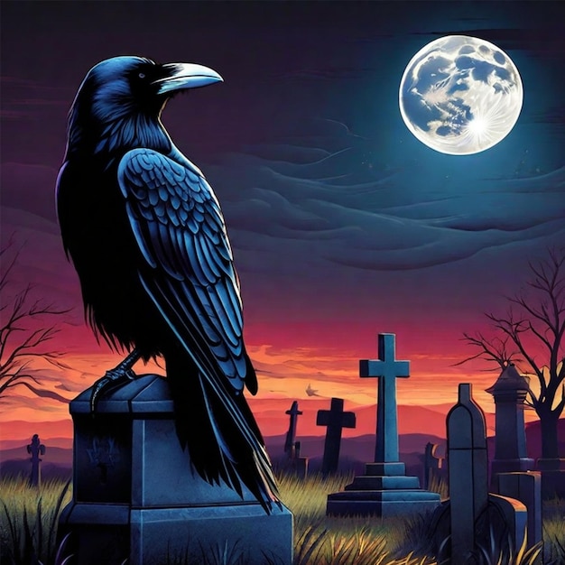 Black raven on cemetery at night with full moon