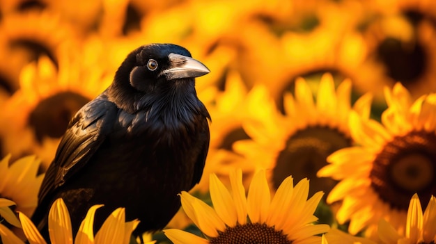 Black raven resting amidst tall sunflowers a contrast of nature's elements