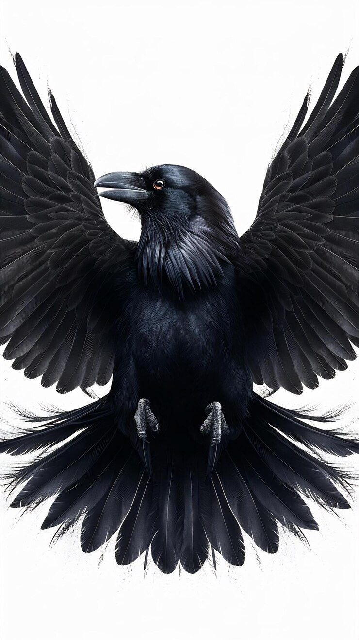 Photo black raven spread its wings isolated on white close up beautiful magical bird