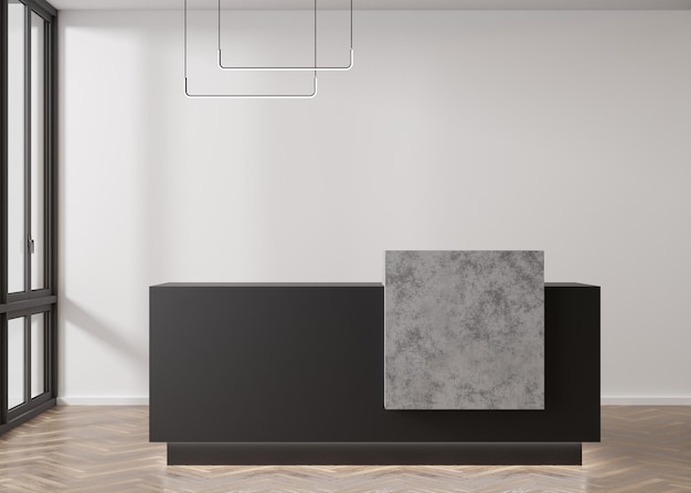 Black reception counter in modern room with white walls Blank registration desk in hotel spa or office Reception mock up with copy space for branding logo Contemporary style 3D rendering