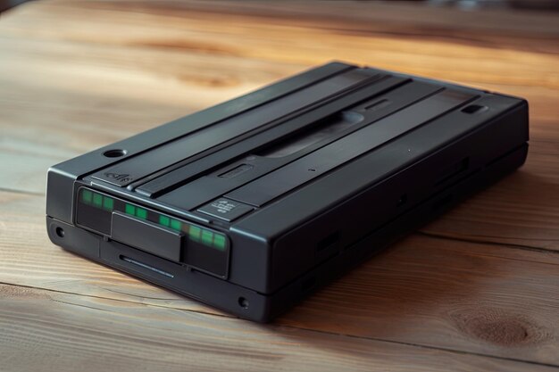 a black rectangular object on a wood surface