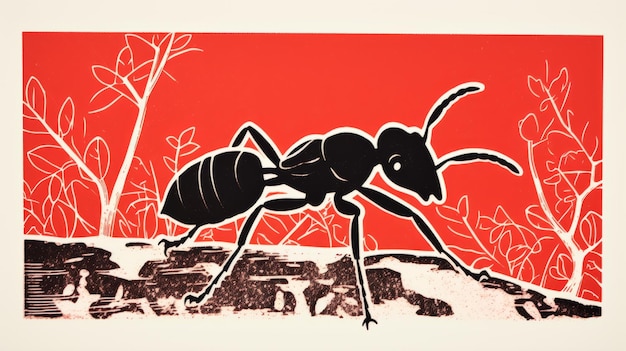 Photo black and red ant print a vibrant combination of screen printing and woodcarvings