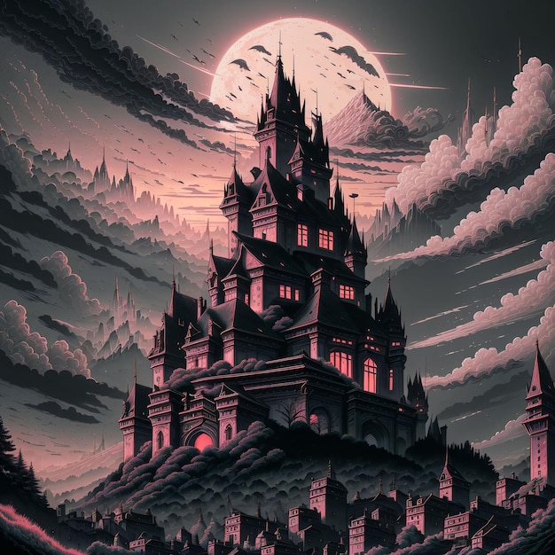 black and red art of a castle