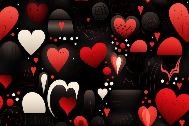 a black and red background with many hearts