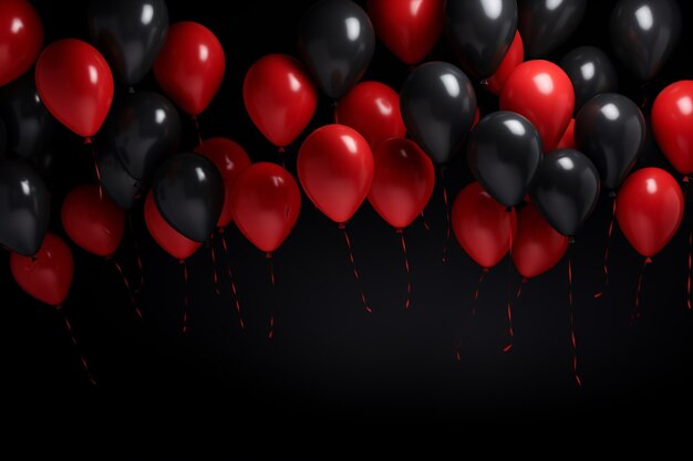 Black and red balloons against a black space for text