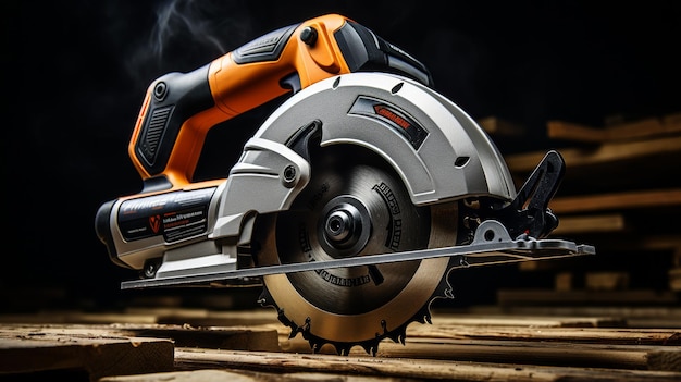 Black and Red Circular Saw on Wooden Table