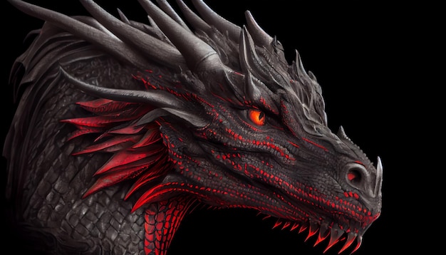 Black and red dragon head closeup on a black background Generate Ai