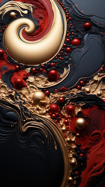 Black and red fluid art painting with gold accents