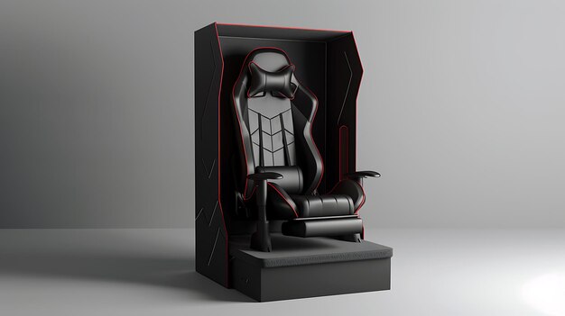 Photo black and red gaming chair in a booth the chair is made of leather and has a high back and a headrest