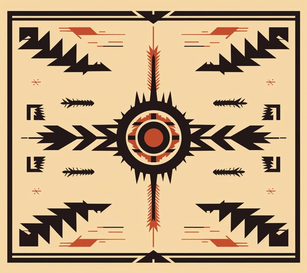 Photo a black and red geometric design with arrows and a sun generative ai