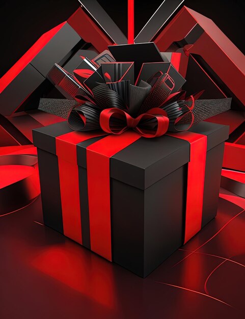 A black and red gift box with a red bow